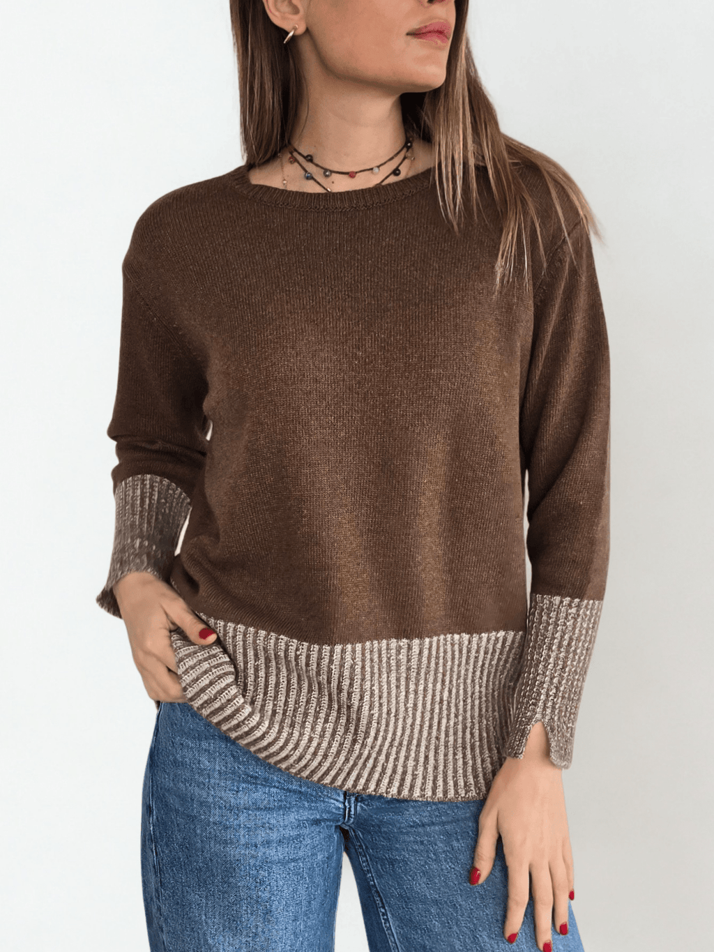 Sweater Italiano Pretina Rayada, color Chocolate