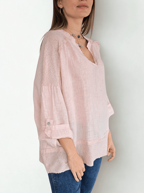 Blusa Italiana 100% Lino escote en V, color Rosado