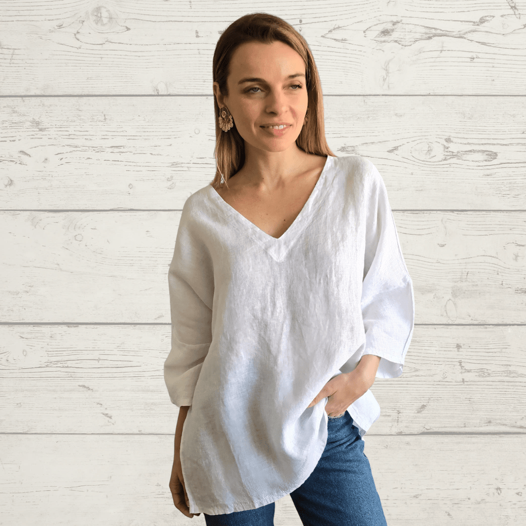 Blusa de Lino Italiano escote en V, color Blanco