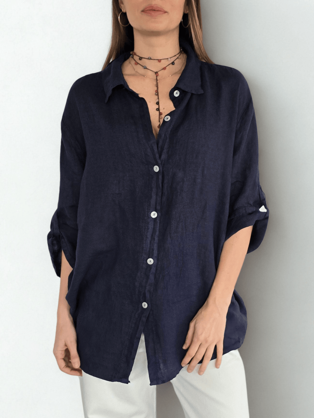 Blusa Italiana 100% lino Ancha, color Azul Marino
