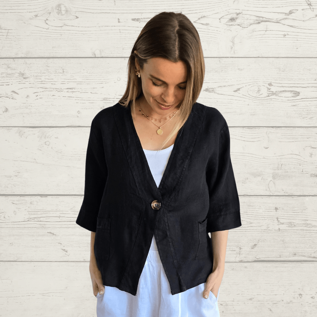 Chaqueta 100% Lino Italiano un botón, color Negro