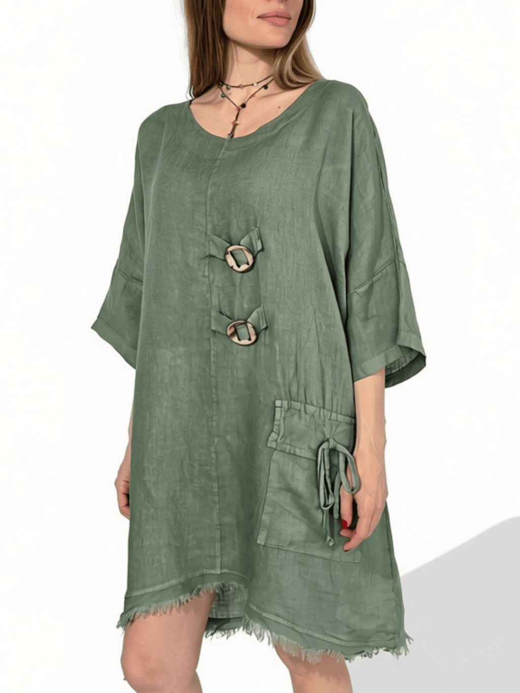 Vestido Italiano 100% Lino dos Botones, color Verde
