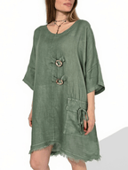 Vestido Italiano 100% Lino dos Botones, color Verde