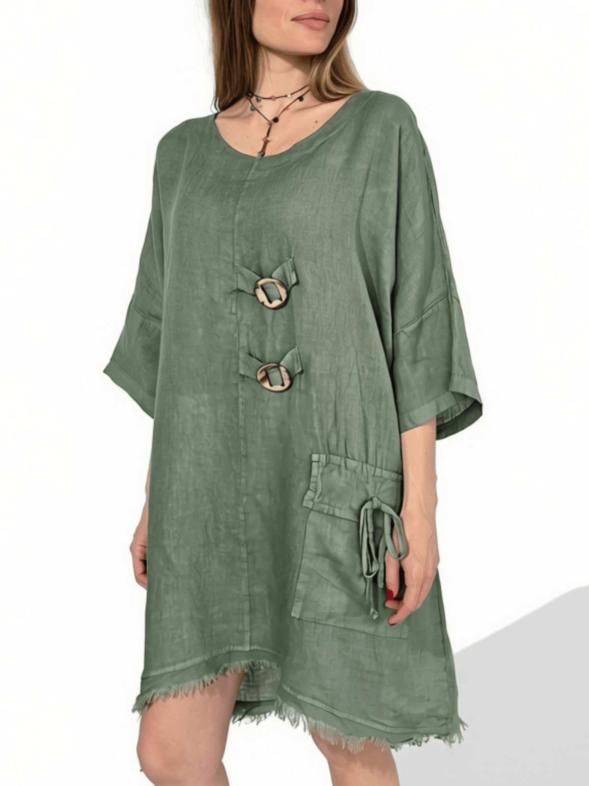 Vestido Italiano 100% Lino dos Botones, color Verde