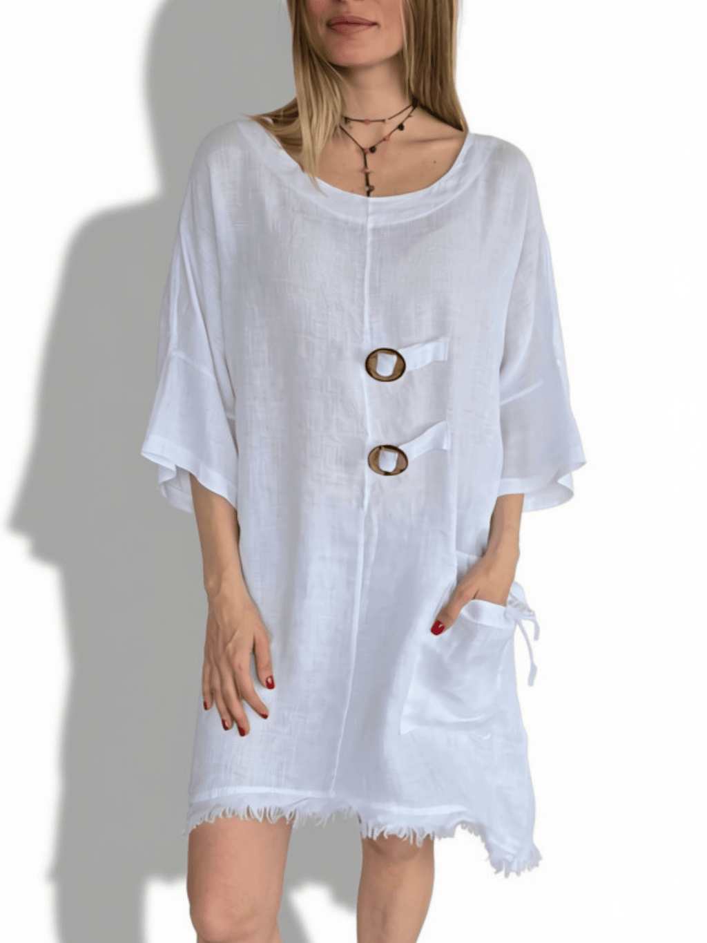 Vestido Italiano 100% Lino dos Botones, color Blanco