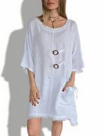 Vestido Italiano 100% Lino dos Botones, color Blanco