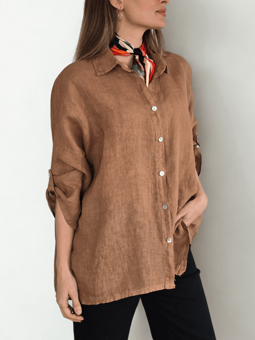 Blusa de Lino Italiano Ancha, color Camel