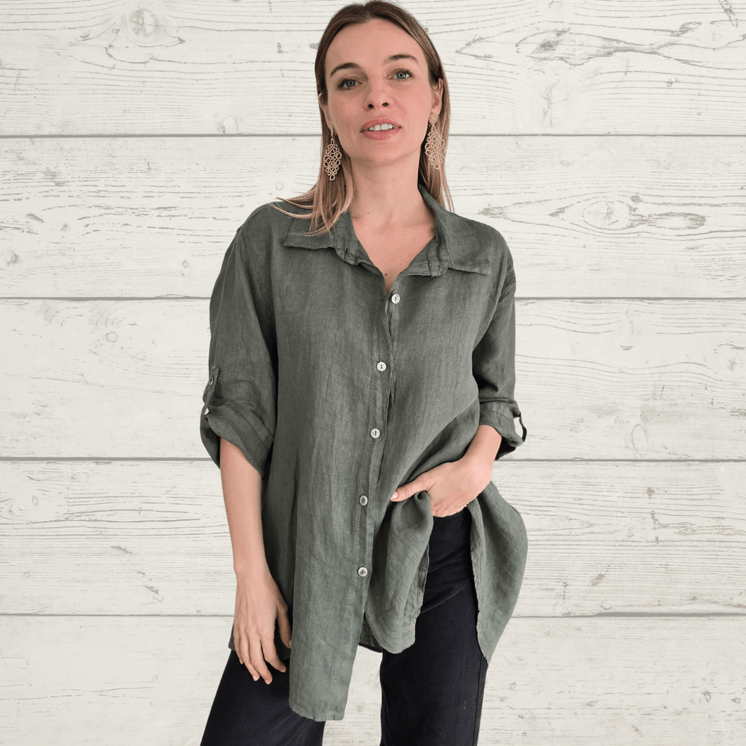 Blusa Italiana 100% Lino, color Verde Musgo