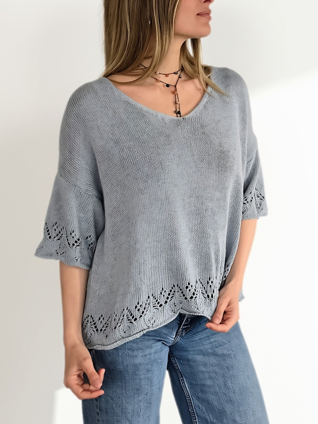 Sweater Italiano Pretina y Puño Calado, color Celeste