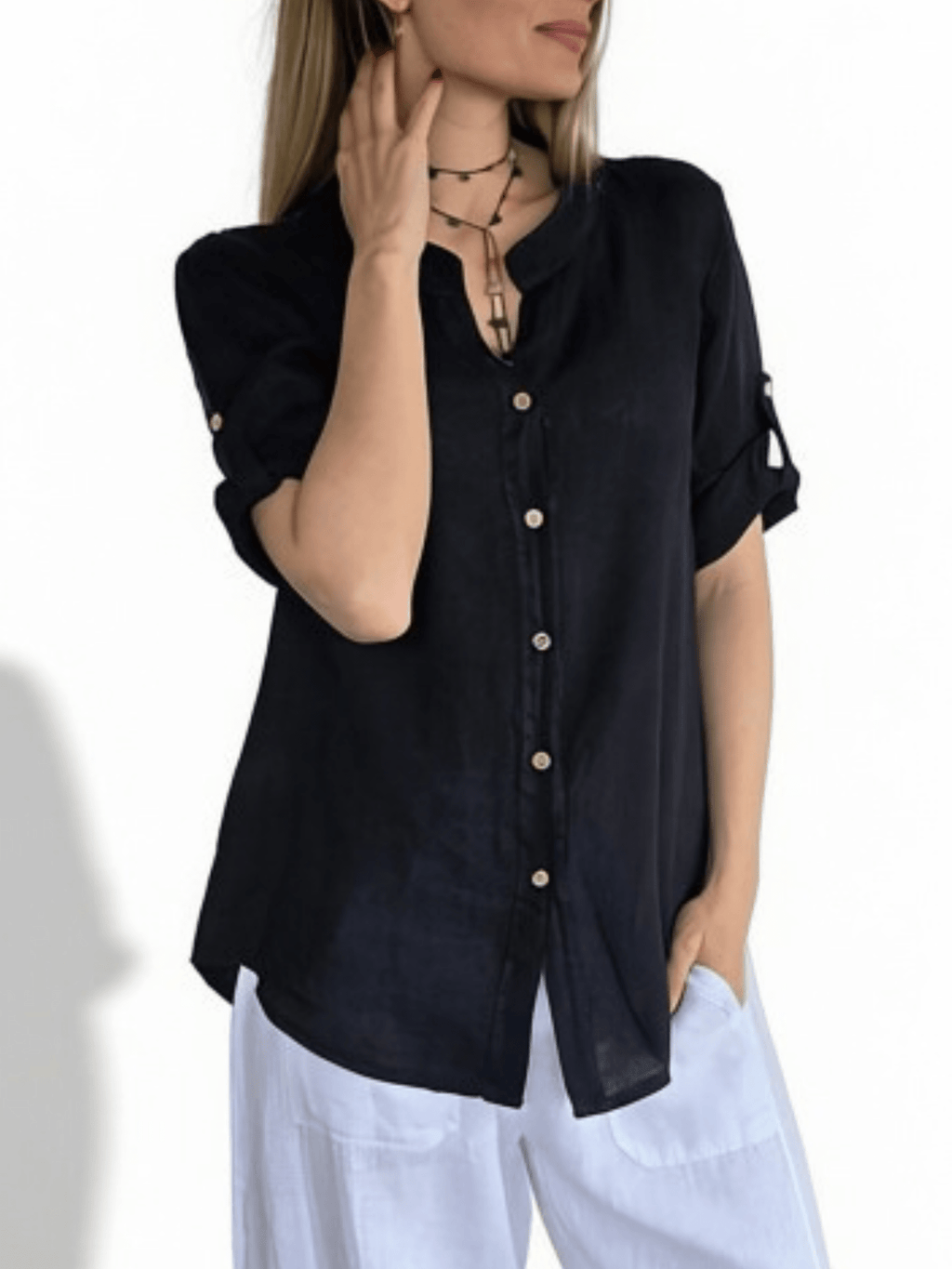 Blusa Italiana Lino Canesú Bordado, color Azul Marino Oscuro