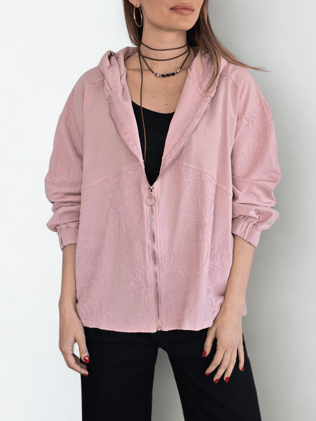 Chaqueta Bordada con Gorro, color Rosado