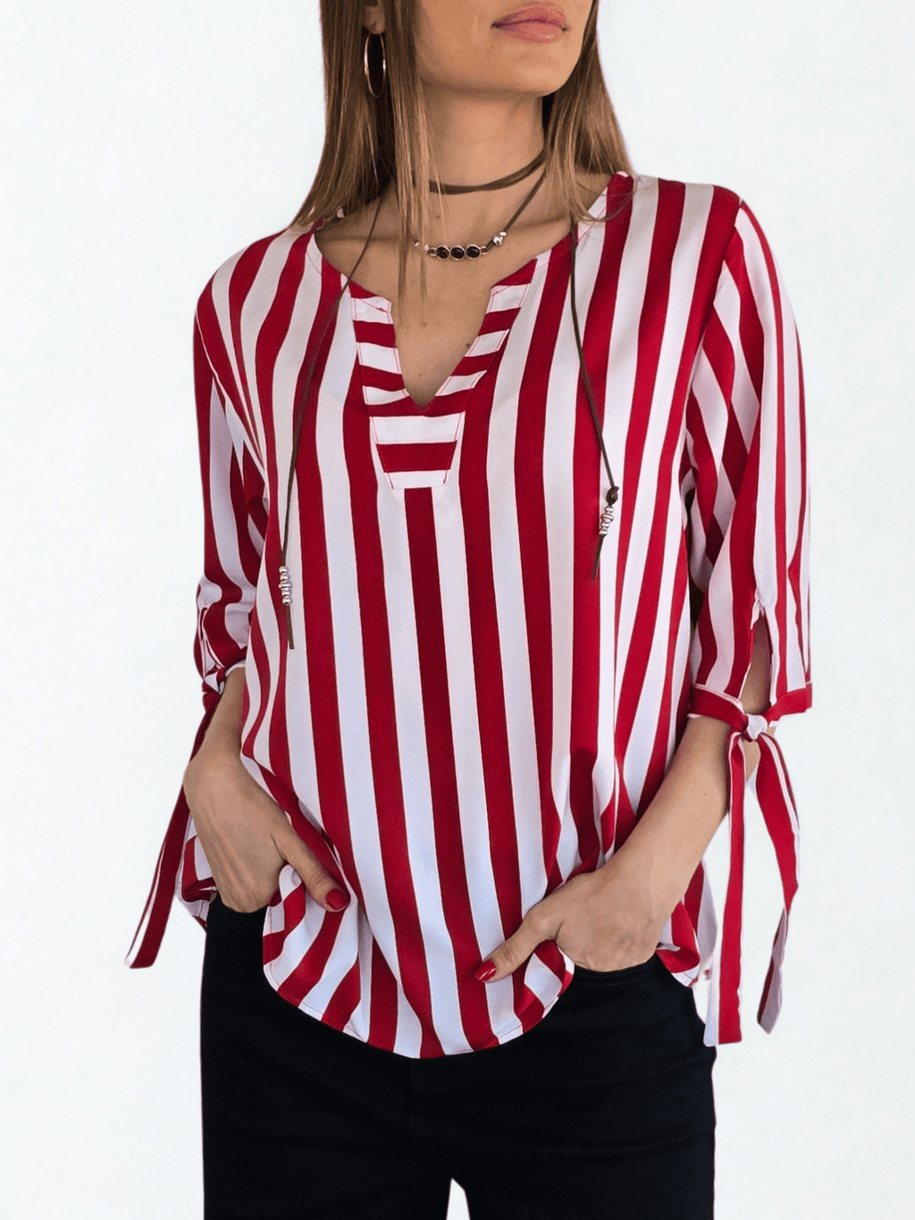 Blusa Rayada escote en V, color Rojo con Blanco