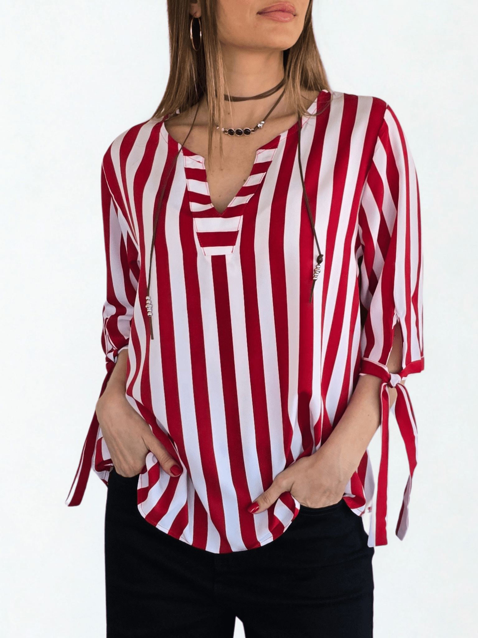 Blusa Rayada escote en V, color Rojo con Blanco