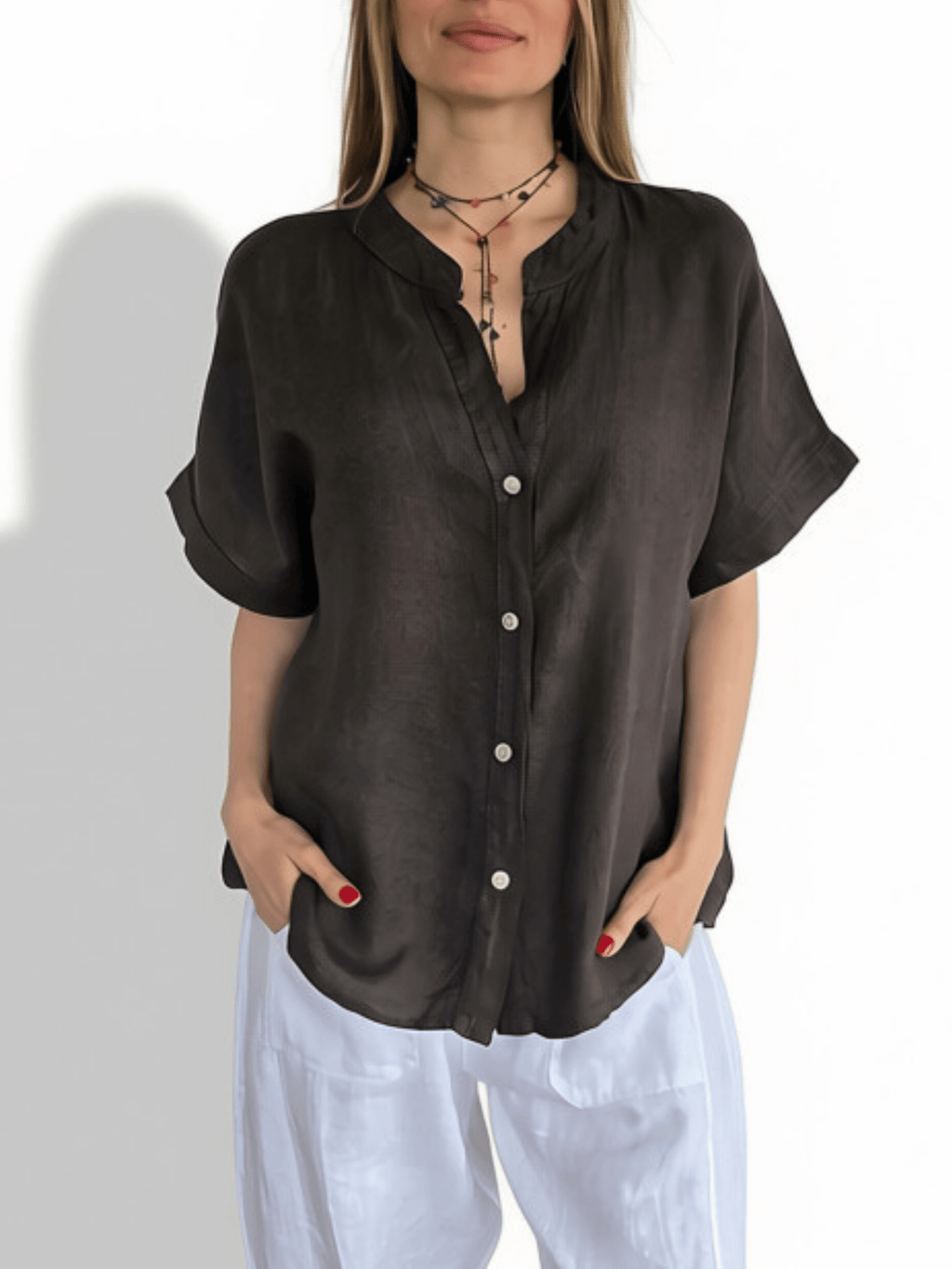 Blusa Italiana 100% Lino Escote en V, color Chocolate
