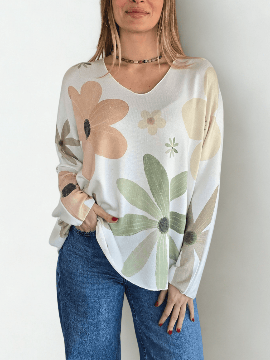 Sweater Italiano Estampado Flores, tonos Verdes