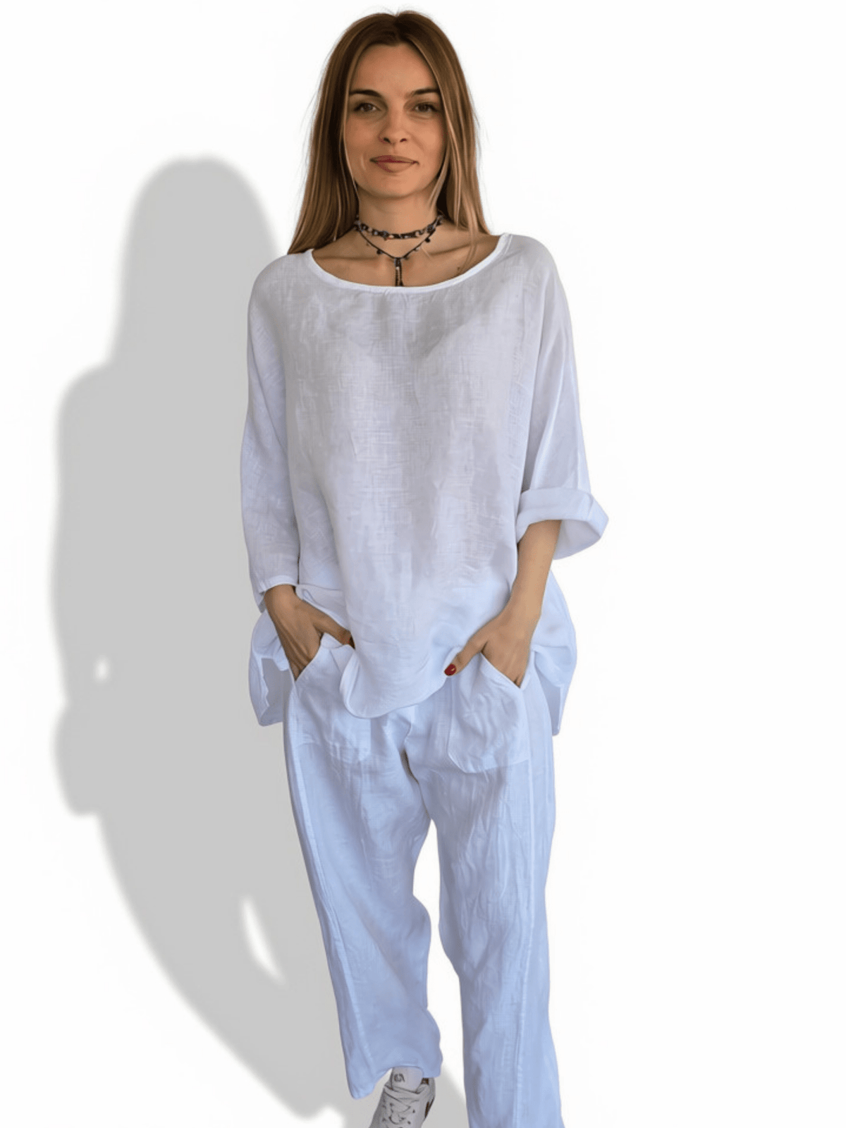 Blusa 100% Lino Italiano Ancha, color Blanco