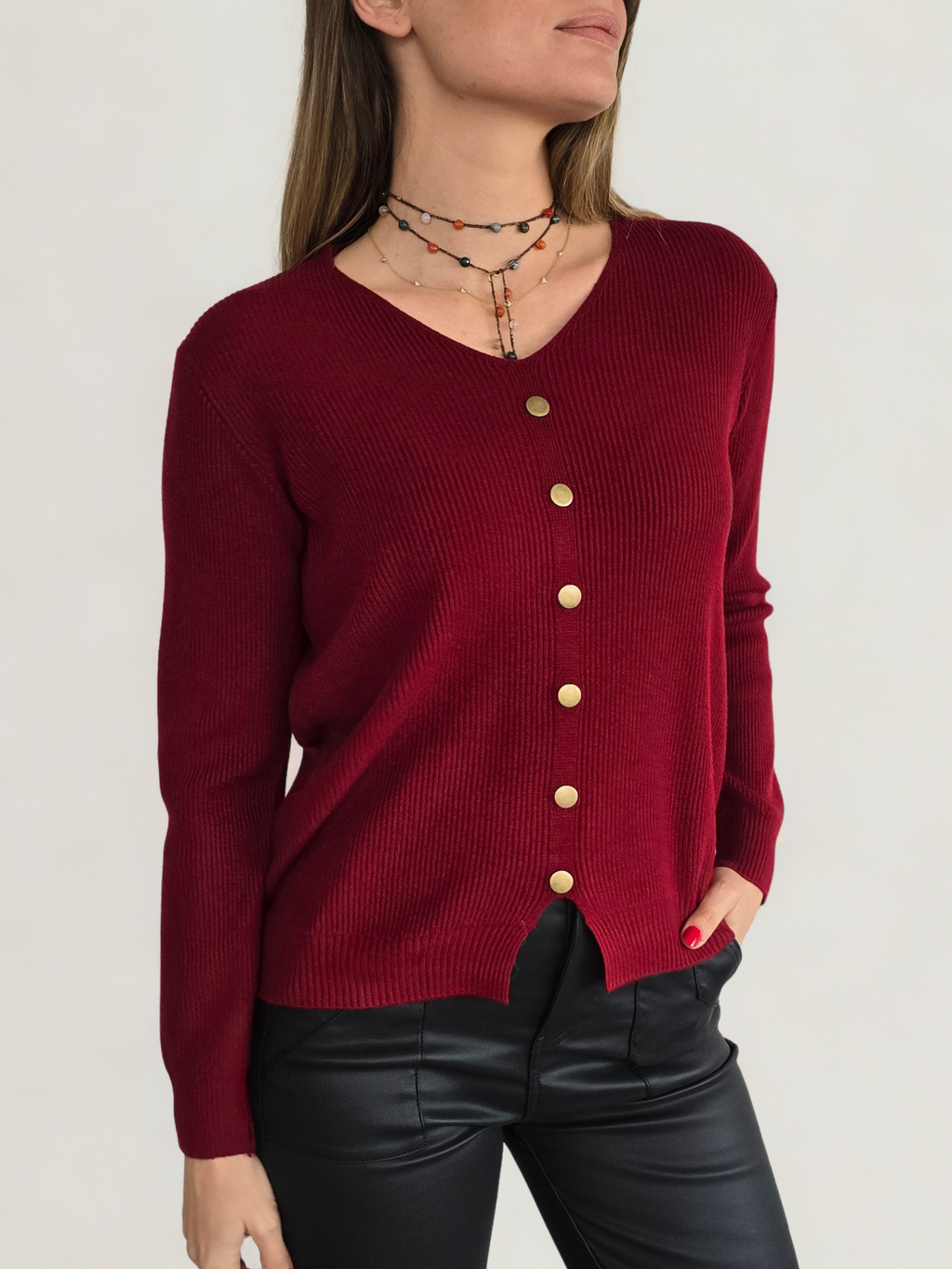 Sweater escote en V, color Burdeo
