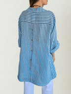 Blusa/Vestido Italiano 100% Lino Rayado, fondo Celeste