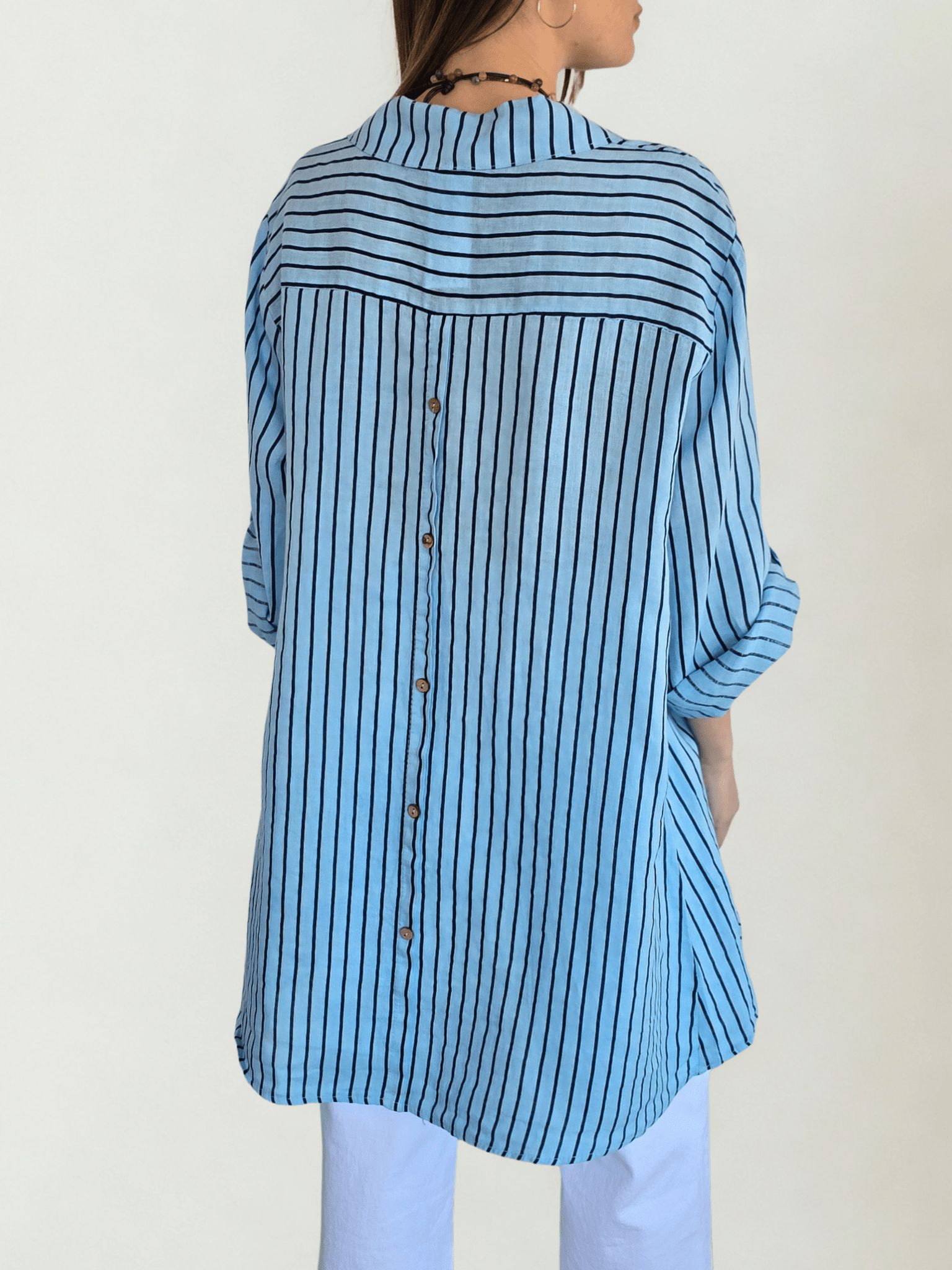 Blusa/Vestido Italiano 100% Lino Rayado, fondo Celeste