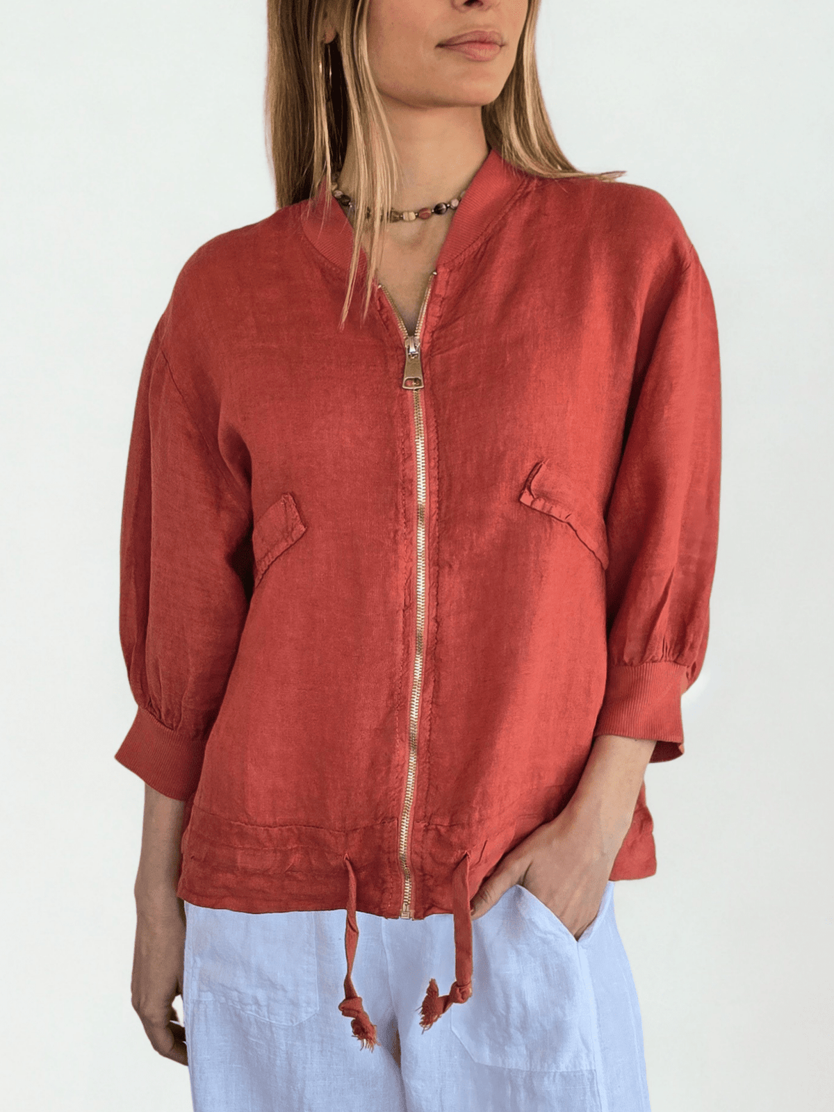 Chaqueta Bomber Italiana 100% Lino, color Terracota