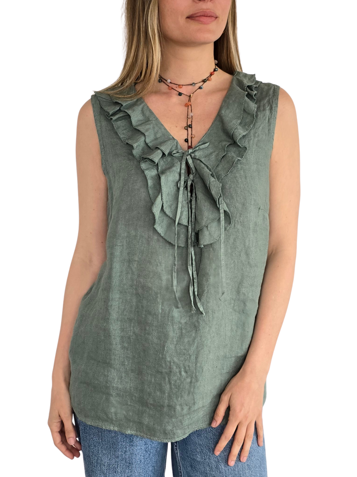 Blusa Italiana 100% Lino Vuelos, color Verde