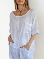 Blusa Italiana 100% Lino dos Bolsillos, color Blanco