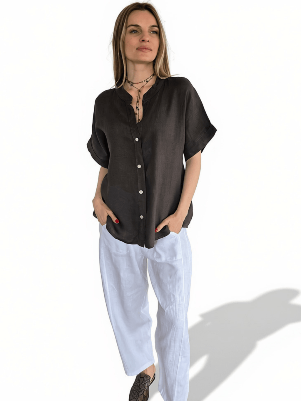 Blusa Italiana 100% Lino Escote en V, color Chocolate
