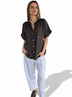 Blusa Italiana 100% Lino Escote en V, color Chocolate