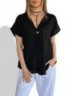 Blusa Italiana 100% Lino un botón, color Negro