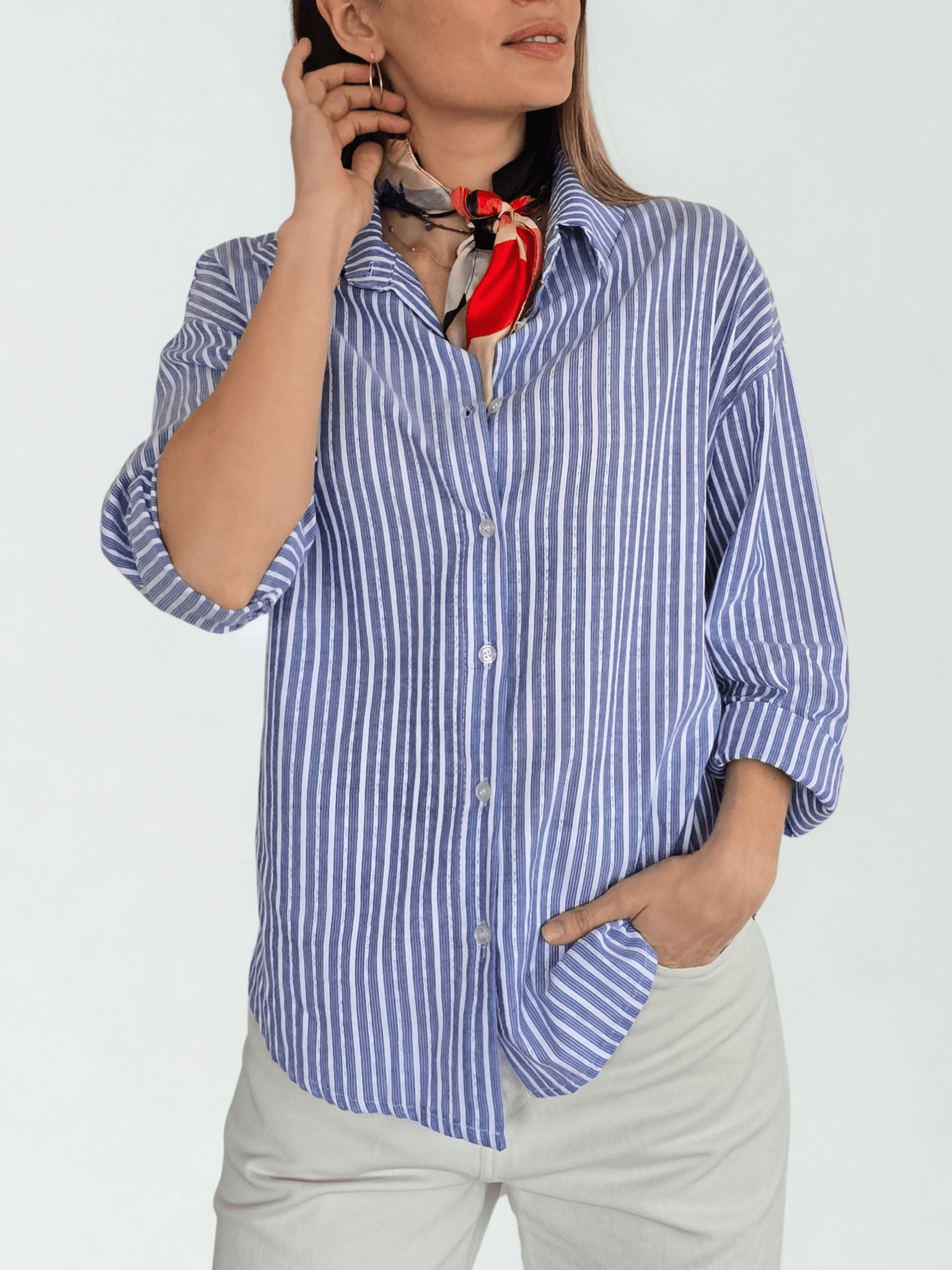 Blusa Italiana Rayada, color Azul con Blanco