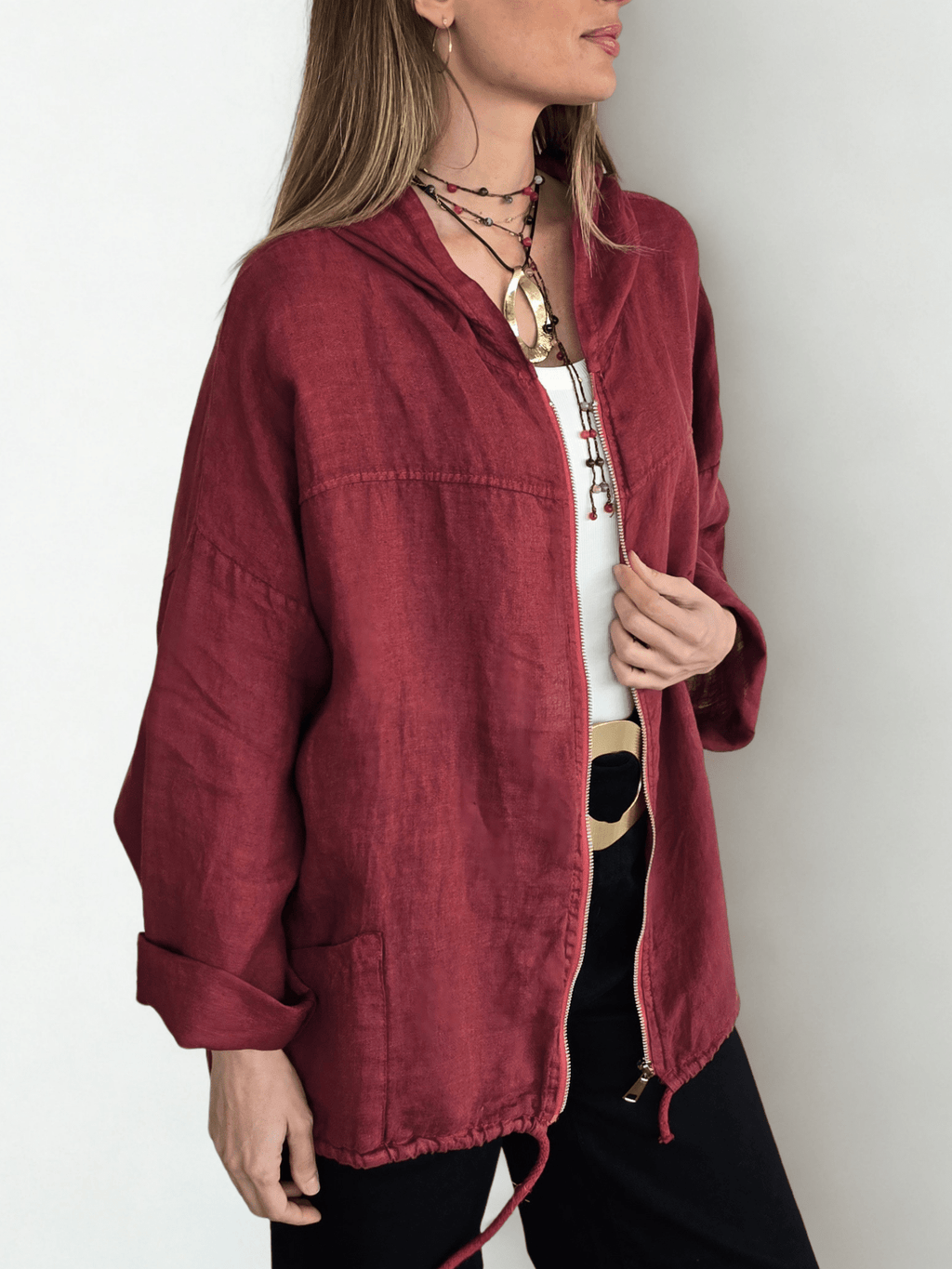 Chaqueta Italiana 100% Lino, color Guinda