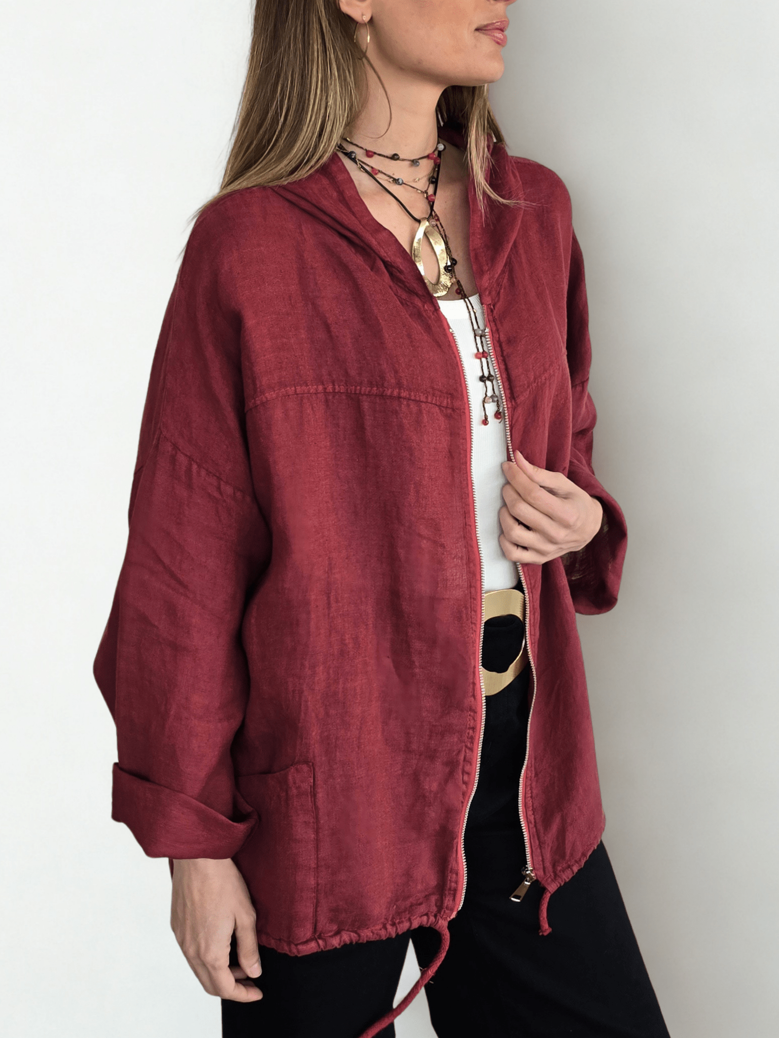 Chaqueta Italiana 100% Lino, color Guinda