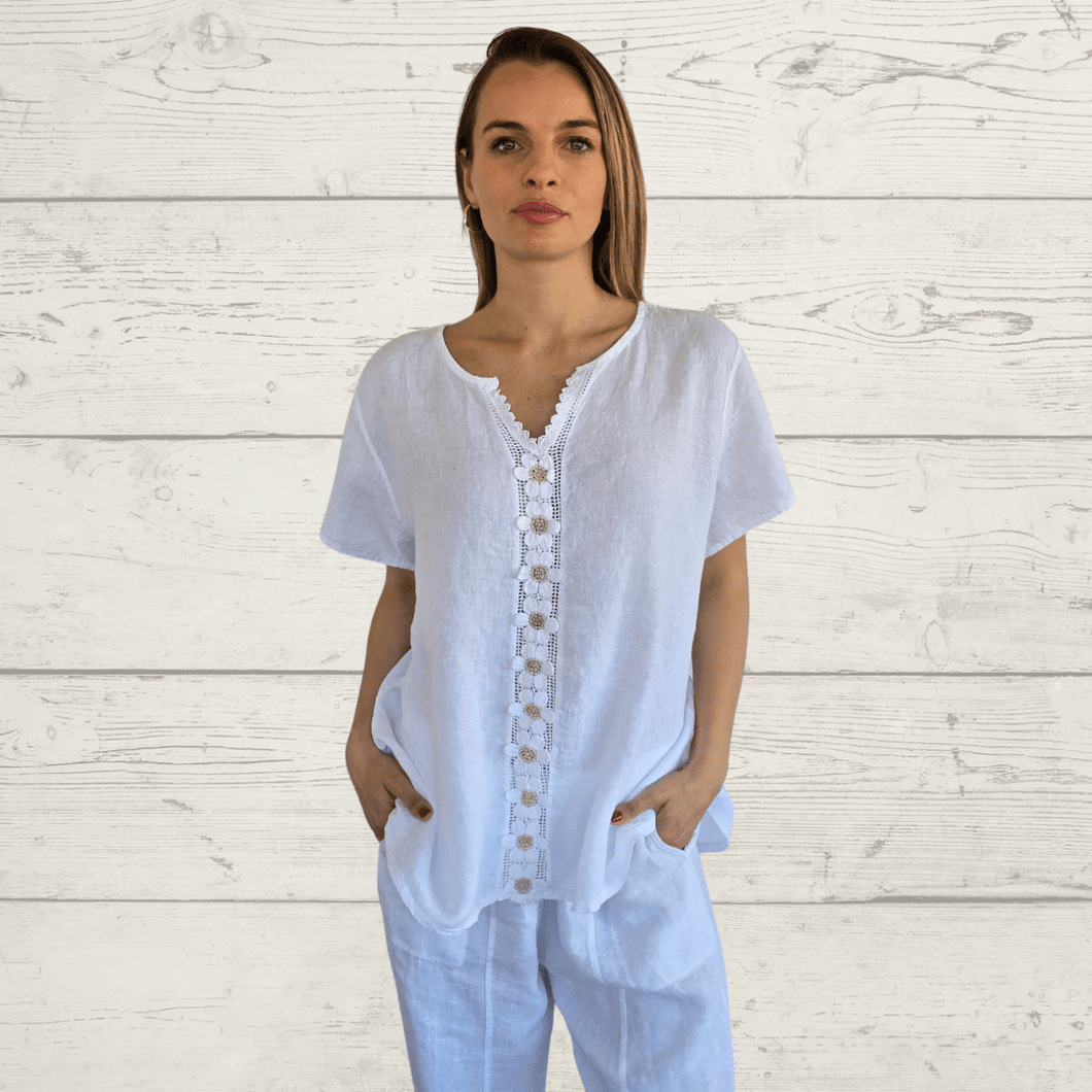 Blusa 100% Lino Italiano Bordada, color Blanco