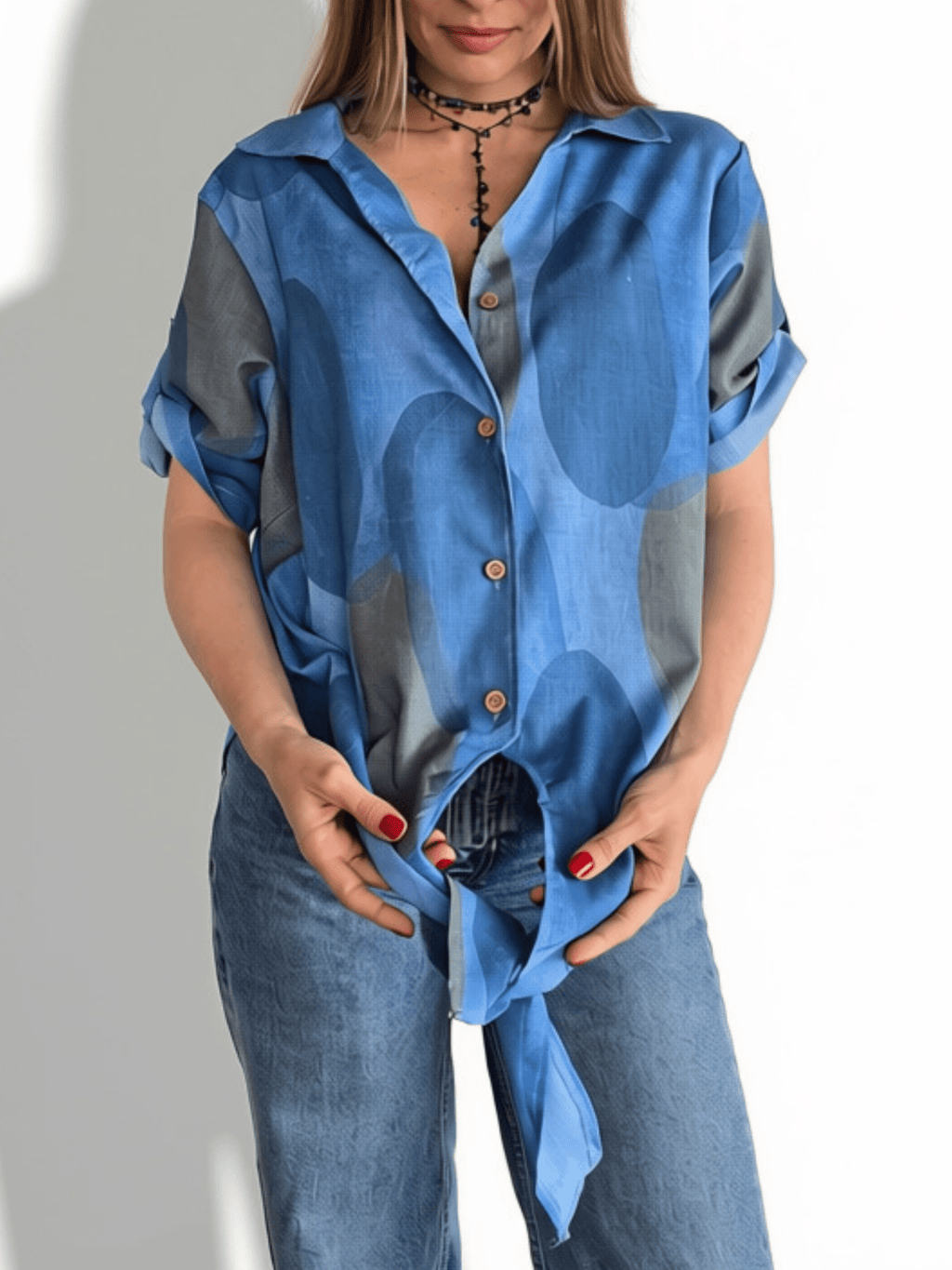 Blusa Estampada con Nudo, fondo Azul