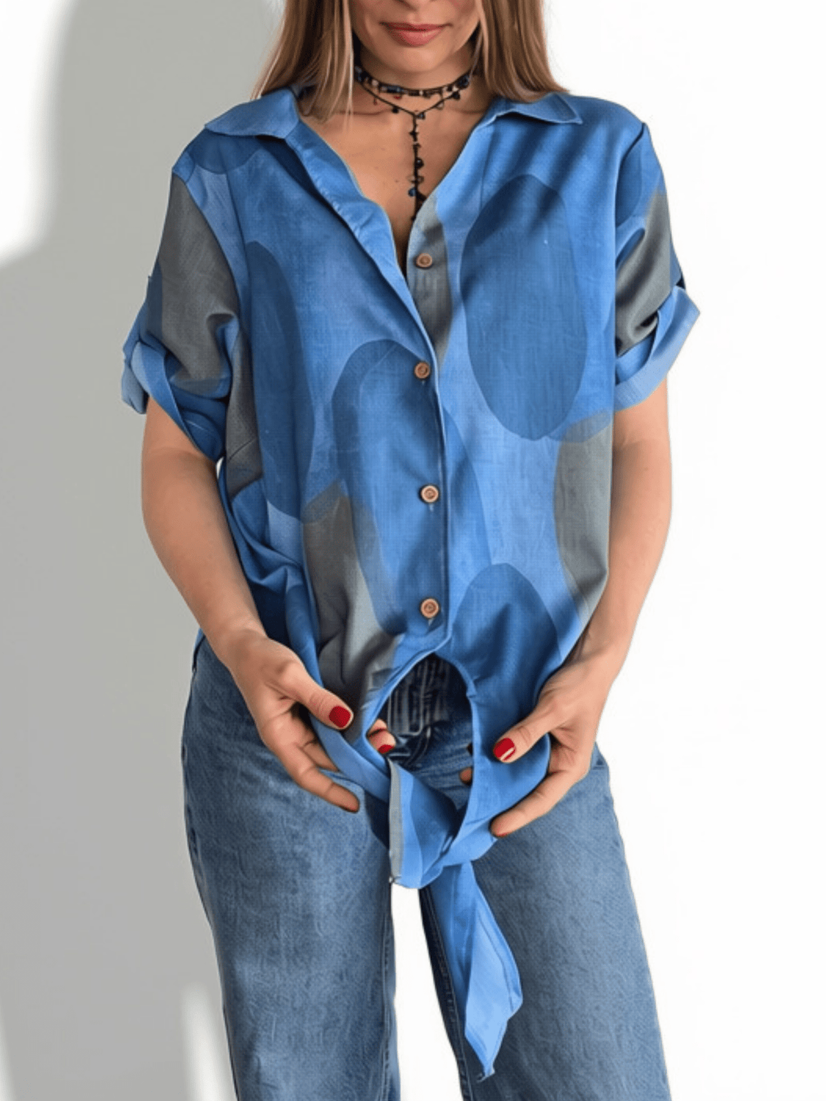 Blusa Estampada con Nudo, fondo Azul