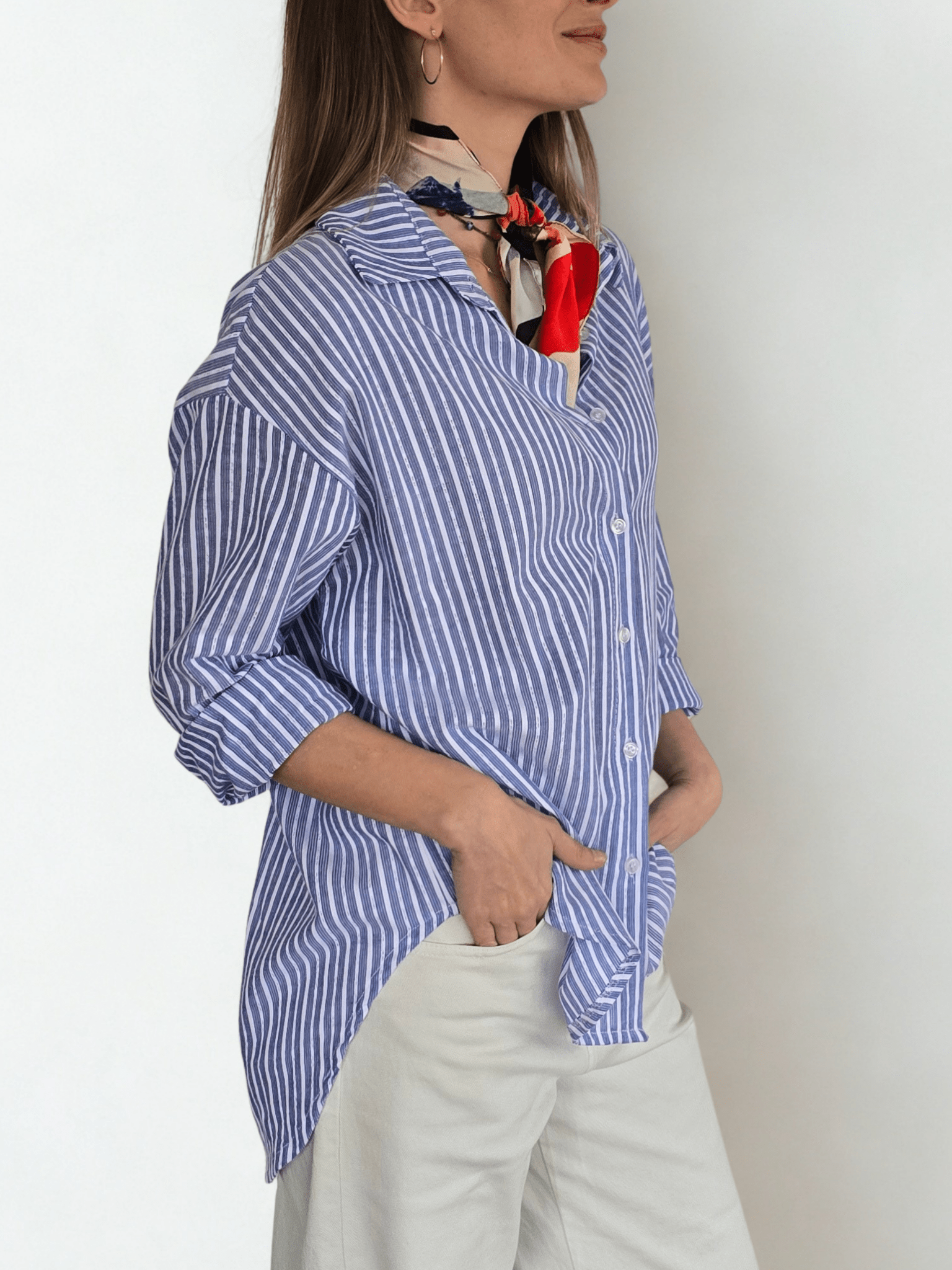 Blusa Italiana Rayada, color Azul con Blanco