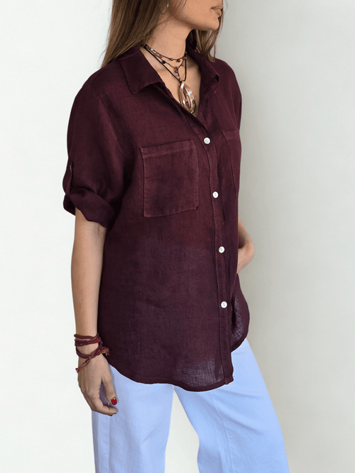 Blusa Italiana 100% Lino dos Bolsillos, color Vino
