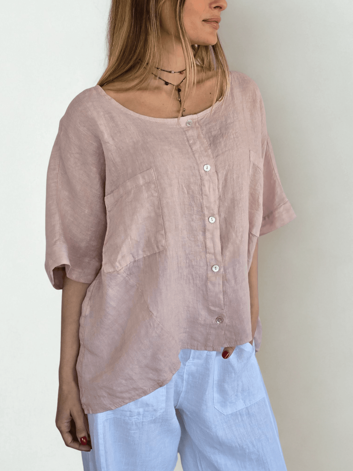 Blusa Italiana 100% Lino dos Bolsillos, color Rosado