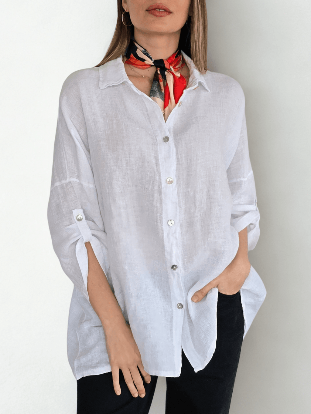 Blusa de Lino Italiano Ancha, color Blanco