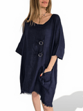 Vestido Italiano 100% Lino dos Botones, color Azul Marino