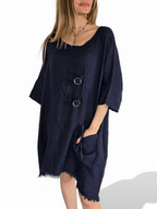 Vestido Italiano 100% Lino dos Botones, color Azul Marino