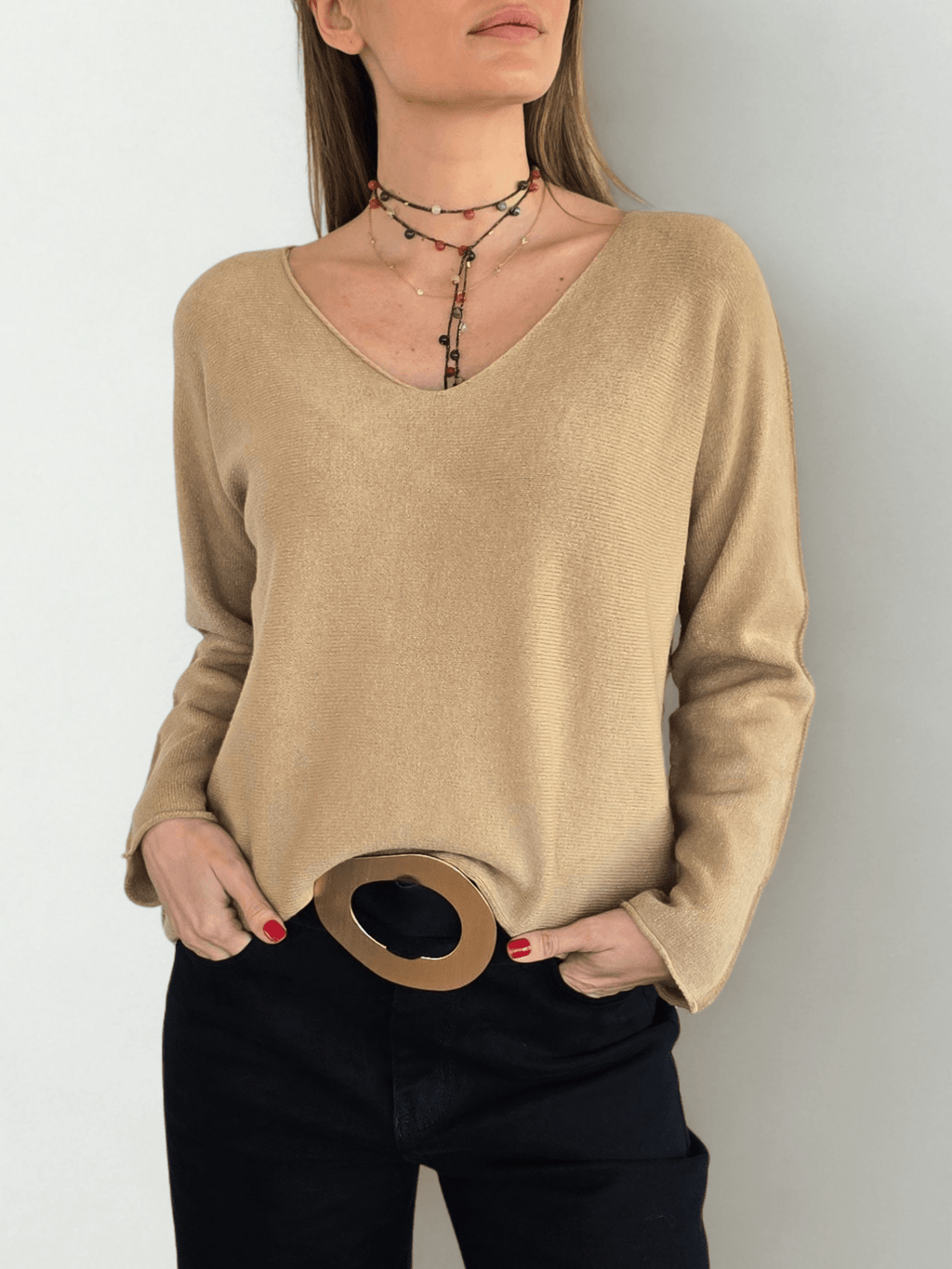 Sweater Italiano escote en V, color Camel