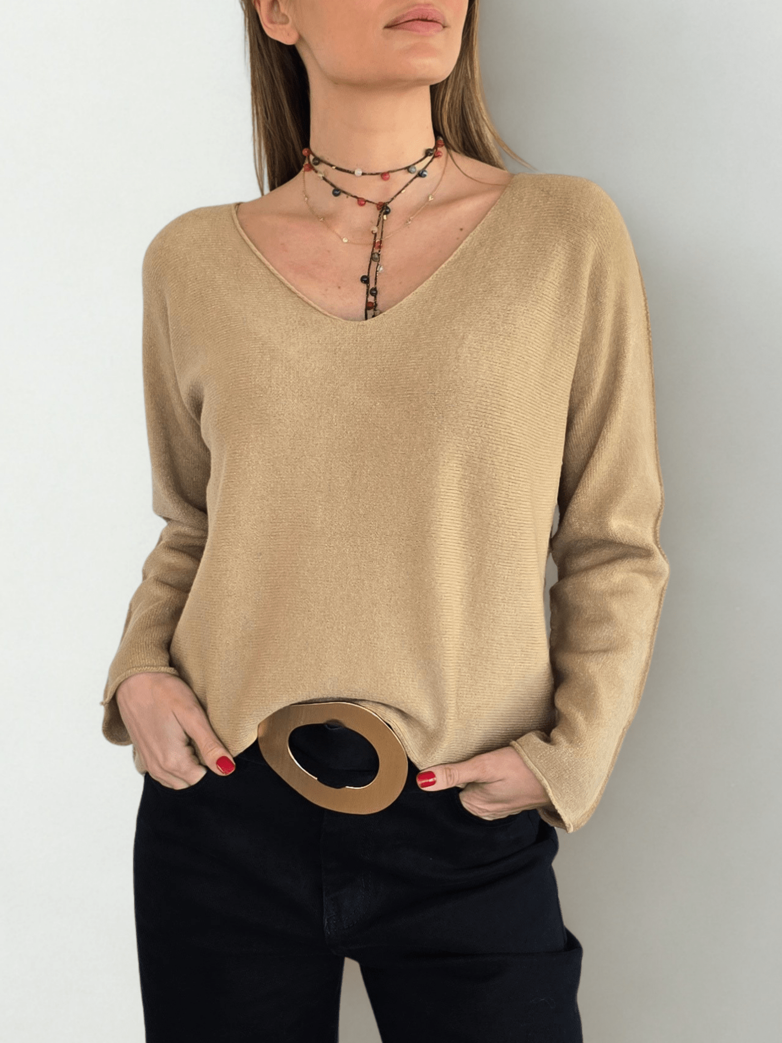 Sweater Italiano escote en V, color Camel