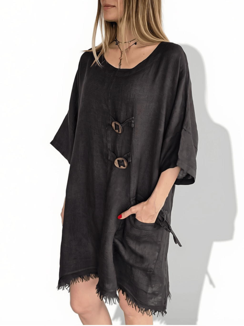 Vestido Italiano 100% Lino dos Botones, color Chocolate