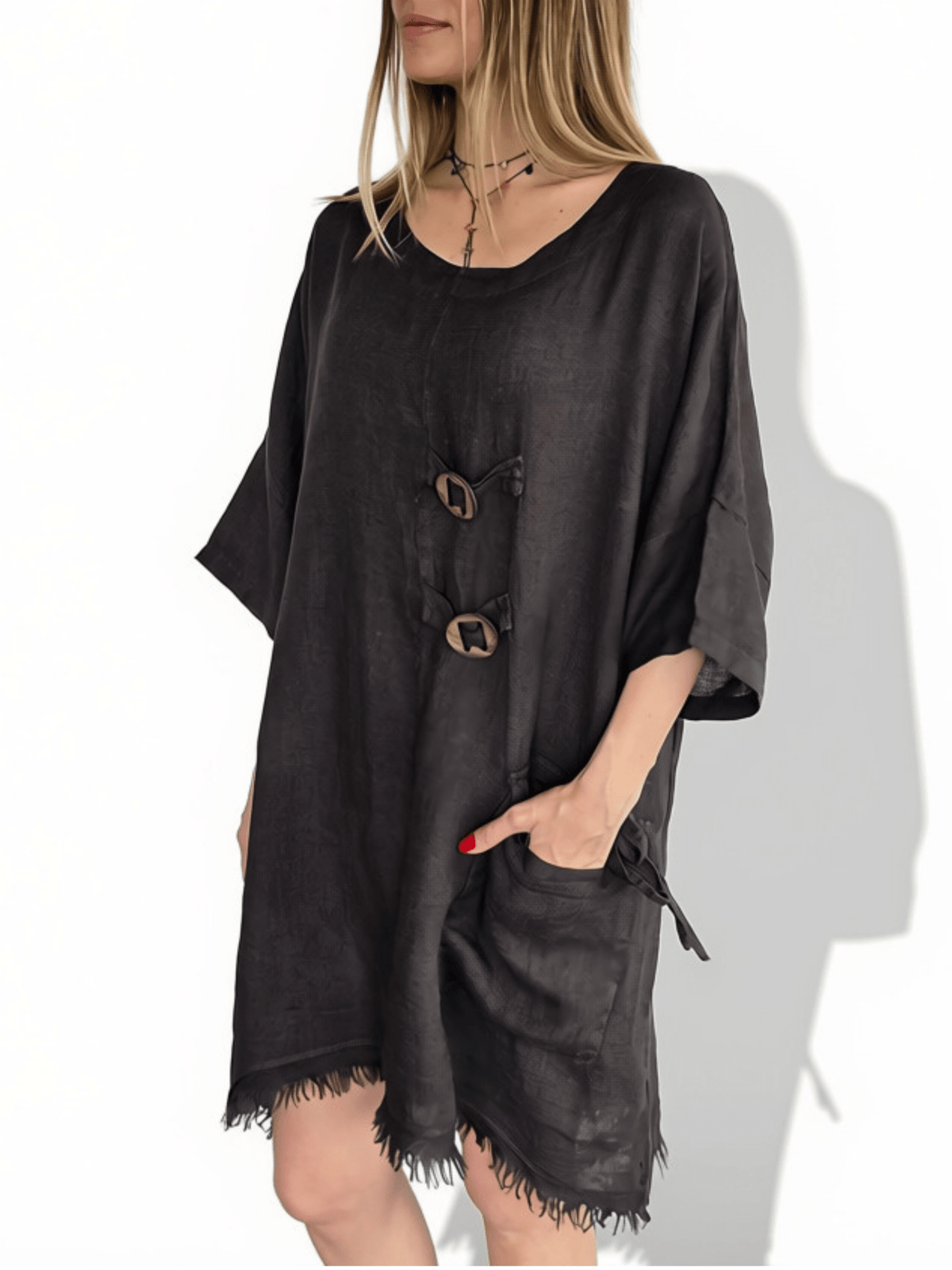 Vestido Italiano 100% Lino dos Botones, color Chocolate