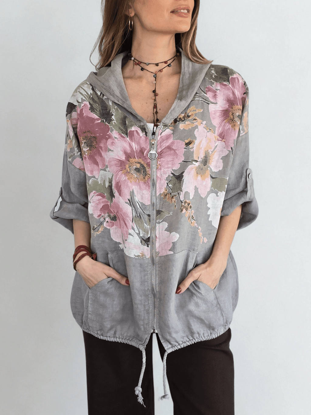 Chaqueta Italiana 100% Lino Estampado, fondo Taupe
