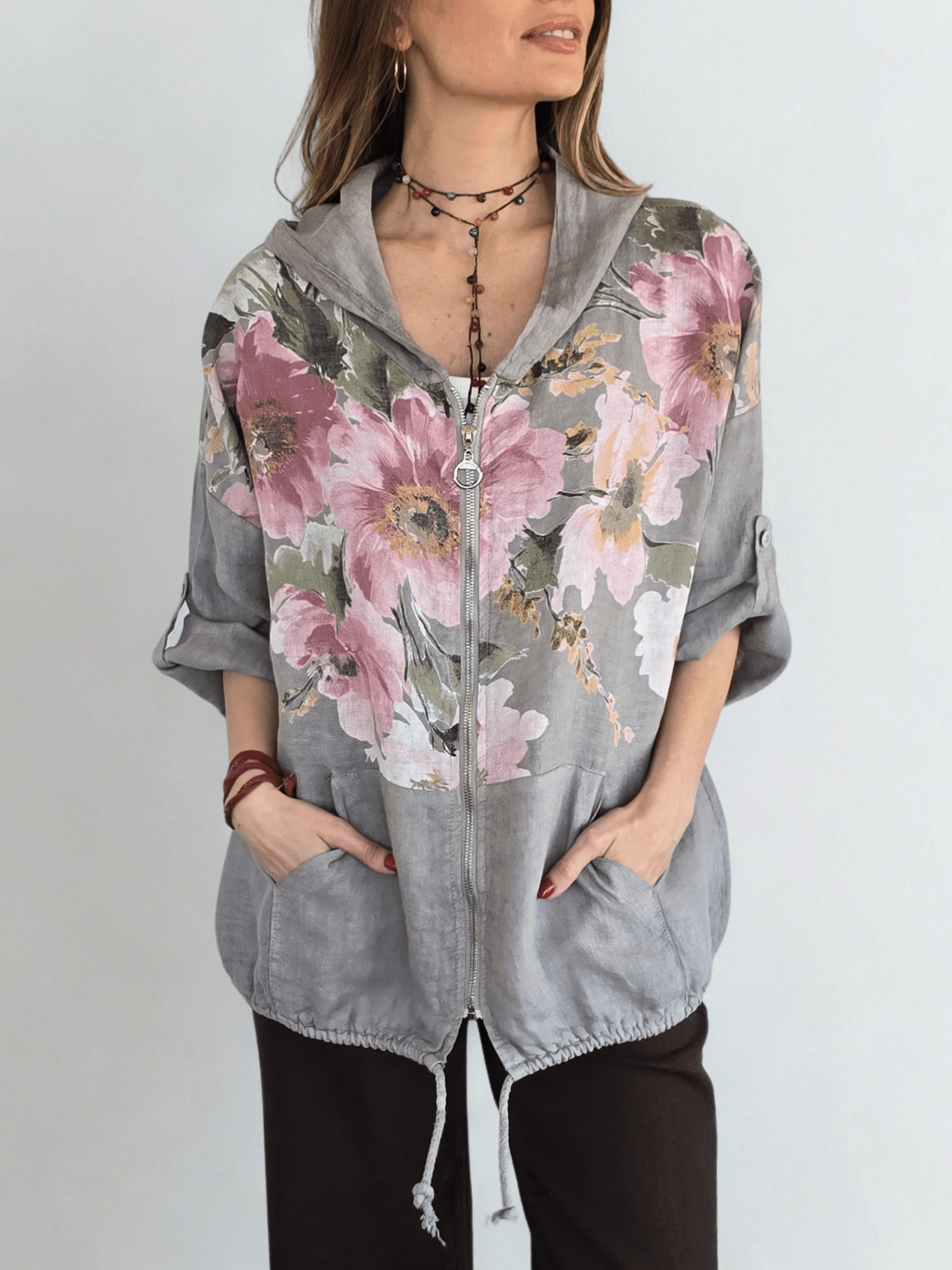 Chaqueta Italiana 100% Lino Estampado, fondo Taupe