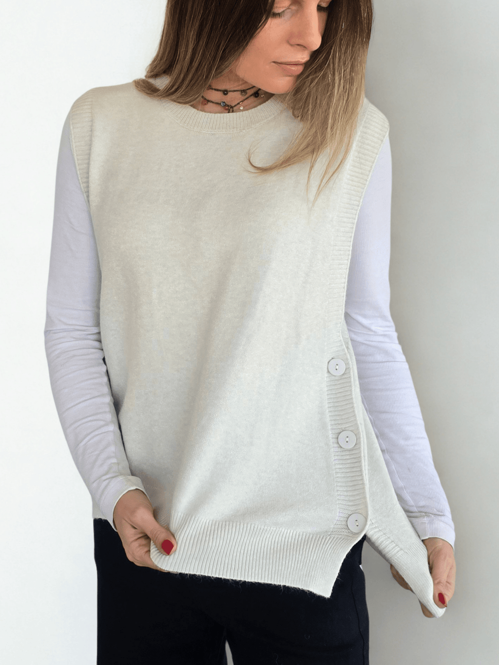 Sweater sin mangas Botones, color Blanco Invierno
