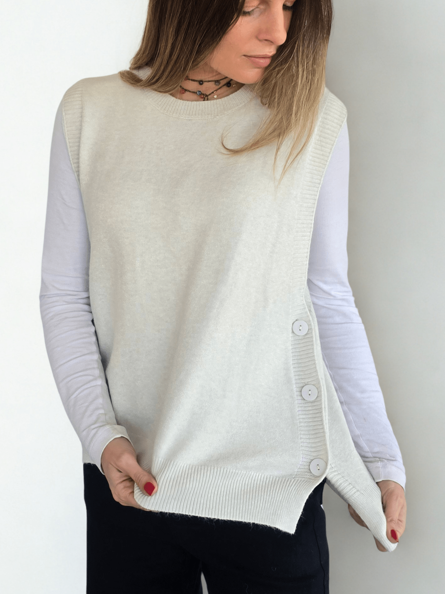 Sweater sin mangas Botones, color Blanco Invierno