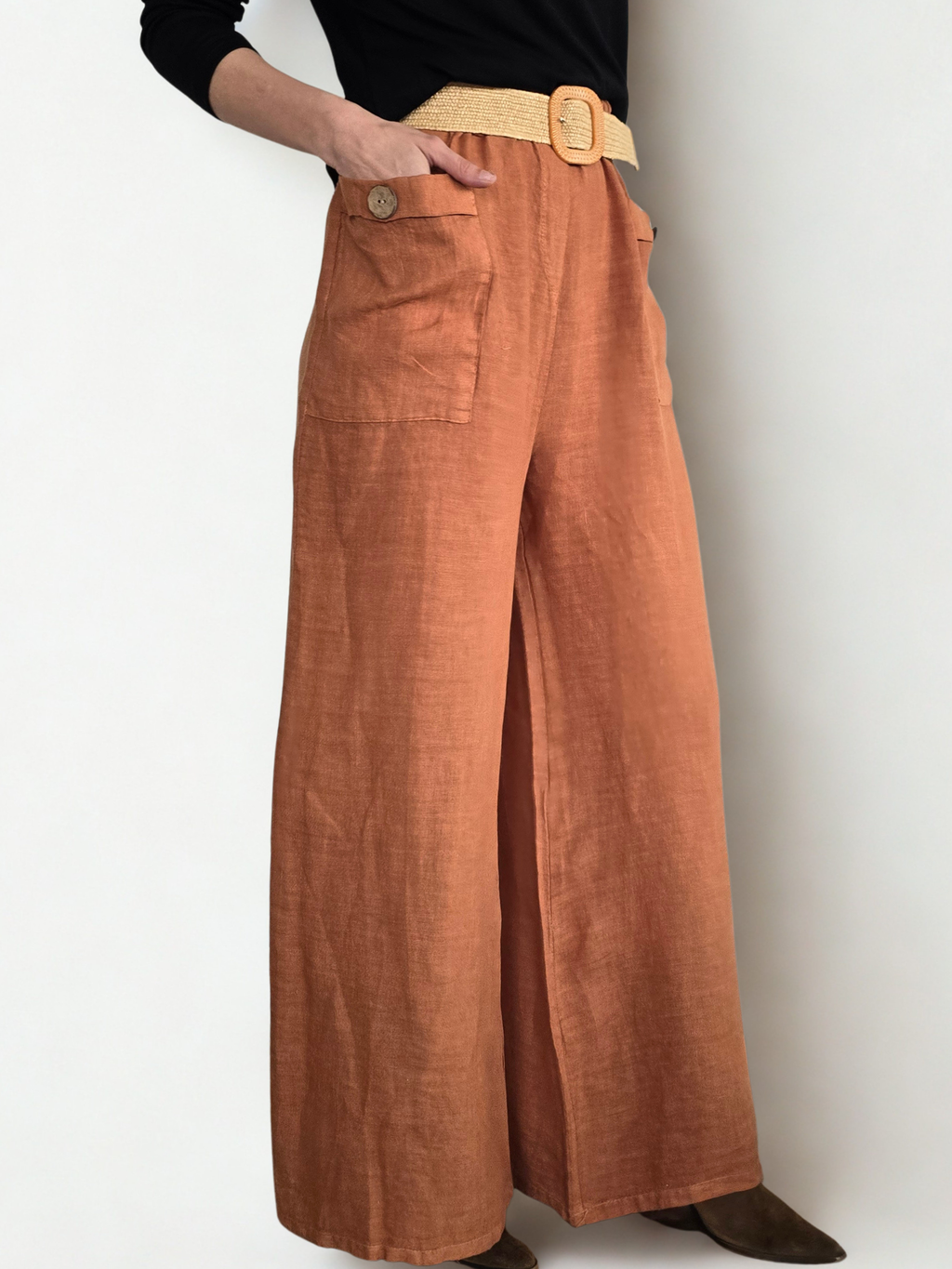 Pantalón de Lino Italiano con Cinturón, color Terracota